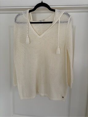 Roxy Cream Open-Weave V-Neck Hooded Sweater